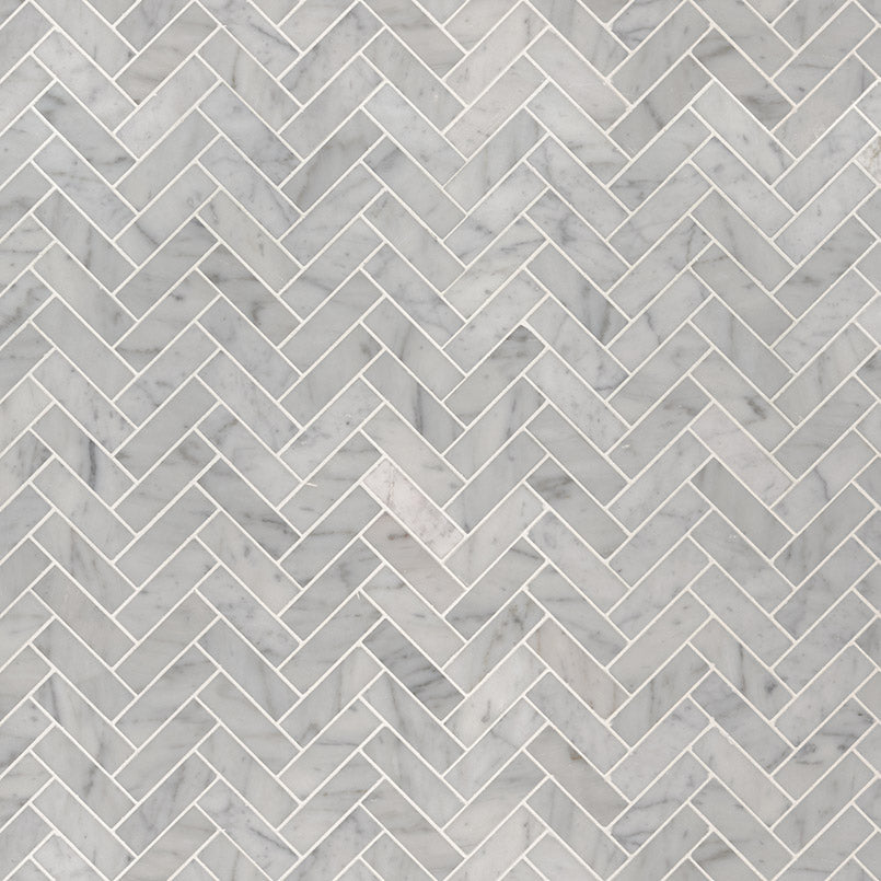 12x12 Carrara Herringbone Mosaic Natural-Look Polished Smooth Marble Tile Soft Gray