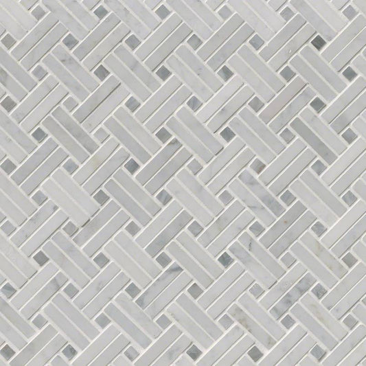 12x12 Carrara Square & Rectangle Basketweave Mosaic Natural-Look Polished Smooth Marble Tile Soft Gray