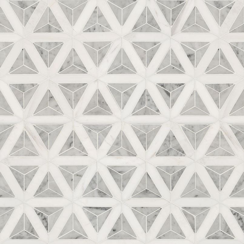 12x12 Carrara Triangle 3D-Geometric Faceted Mosaic Natural-Look Polished Smooth Marble Tile Medium Gray
