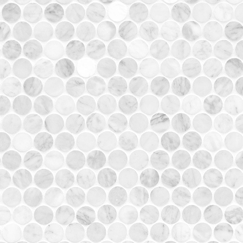 12x12 Carrara Circle Penny Round Mosaic Natural-Look Honed Smooth Marble Tile White Gray