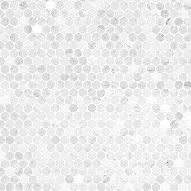 12x12 Carrara Circle Penny Round Mosaic Natural-Look Honed Smooth Marble Tile White Gray