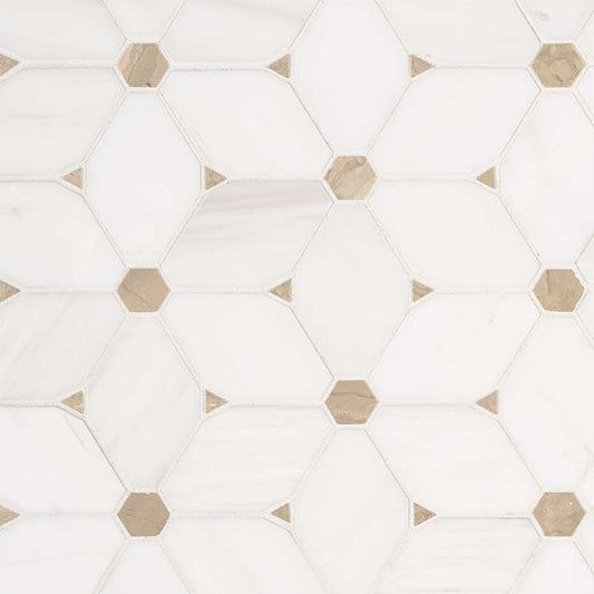 12x12 Cecile Octagon Diamond Mosaic Natural-Look Polished Smooth Marble Tile White Beige