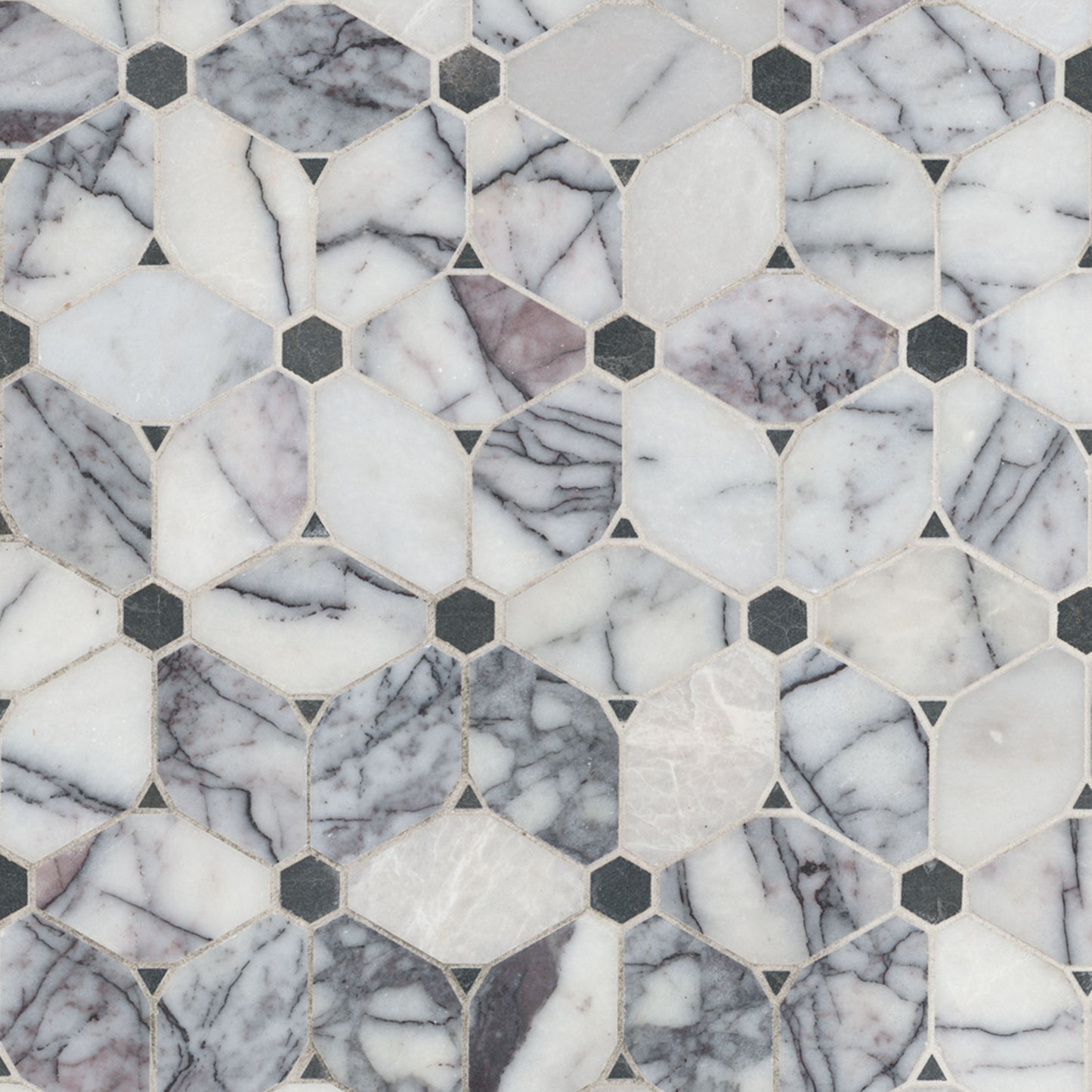 12x12 Cecile Octagon Diamond Mosaic Natural-Look Polished Smooth Marble Tile White Black
