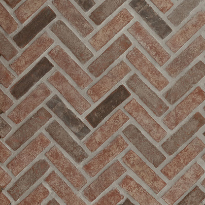 12x12 Noble Red Herringbone Mosaic Concrete-Look Tumbled Textured Faux Brick Tile Brown Gray