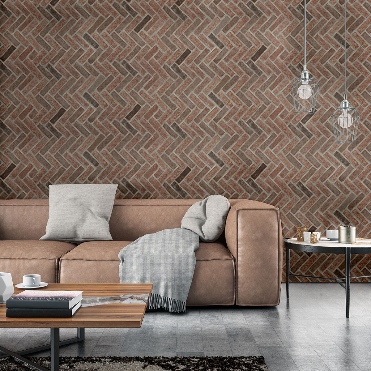 2.25x7.5 Noble Red Patterned Concrete-Look Tumbled Textured Faux Brick Tile Brown Gray