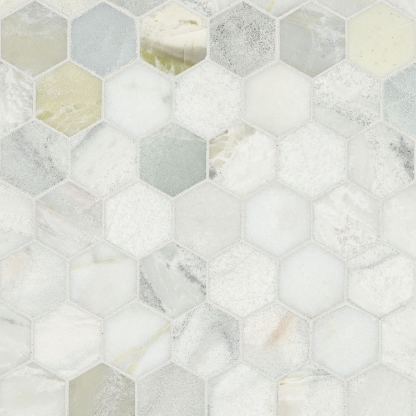2'' Cloudland Hexagon Mosaic Natural-Look Polished Smooth Marble Tile White Green