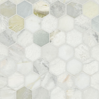 2'' Cloudland Hexagon Mosaic Natural-Look Polished Smooth Marble Tile White Green