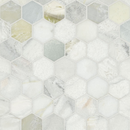 2'' Cloudland Hexagon Mosaic Natural-Look Polished Smooth Marble Tile White Green