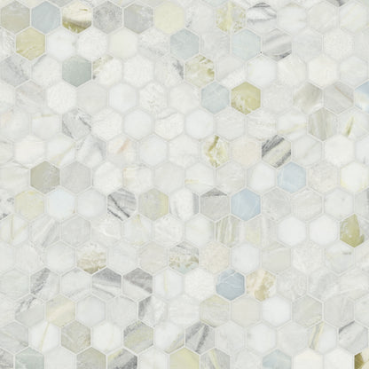 2'' Cloudland Hexagon Mosaic Natural-Look Polished Smooth Marble Tile White Green