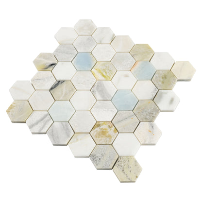 2'' Cloudland Hexagon Mosaic Natural-Look Polished Smooth Marble Tile White Green