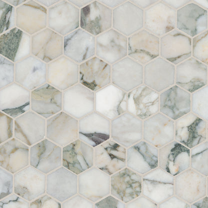 2'' Coronado Hexagon Mosaic Natural-Look Honed Smooth Marble Tile Beige Green