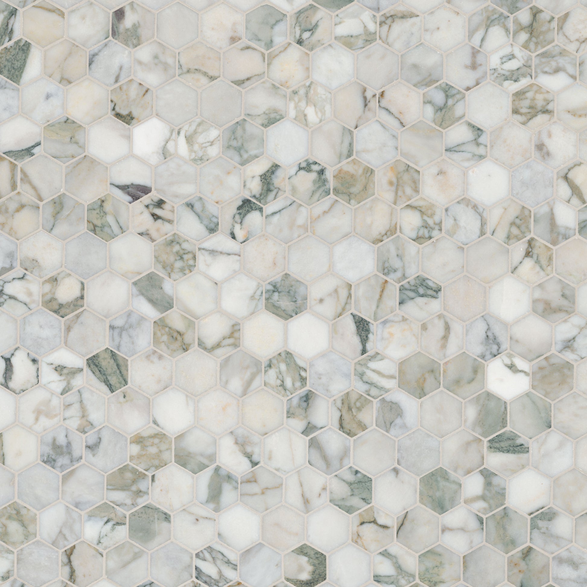 2'' Coronado Hexagon Mosaic Natural-Look Honed Smooth Marble Tile Beige Green