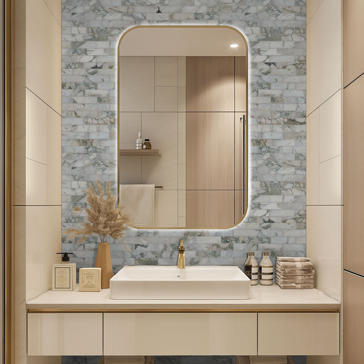 2x6 Coronado Mosaic Natural-Look Honed Smooth Marble Tile Beige Green