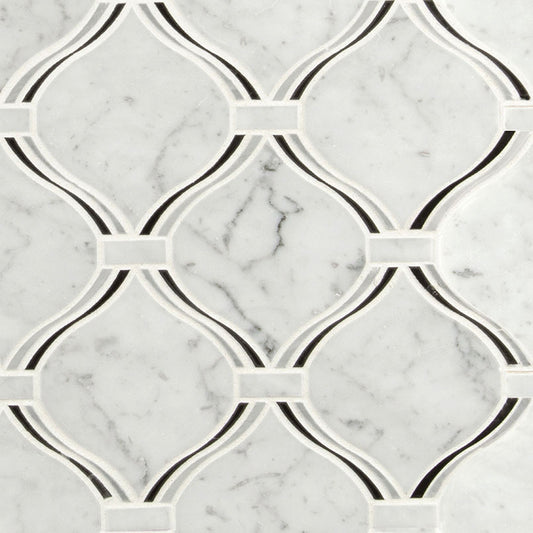 12x12 Danza Arabesque Mosaic Natural-Look Polished Smooth Marble Tile White Black