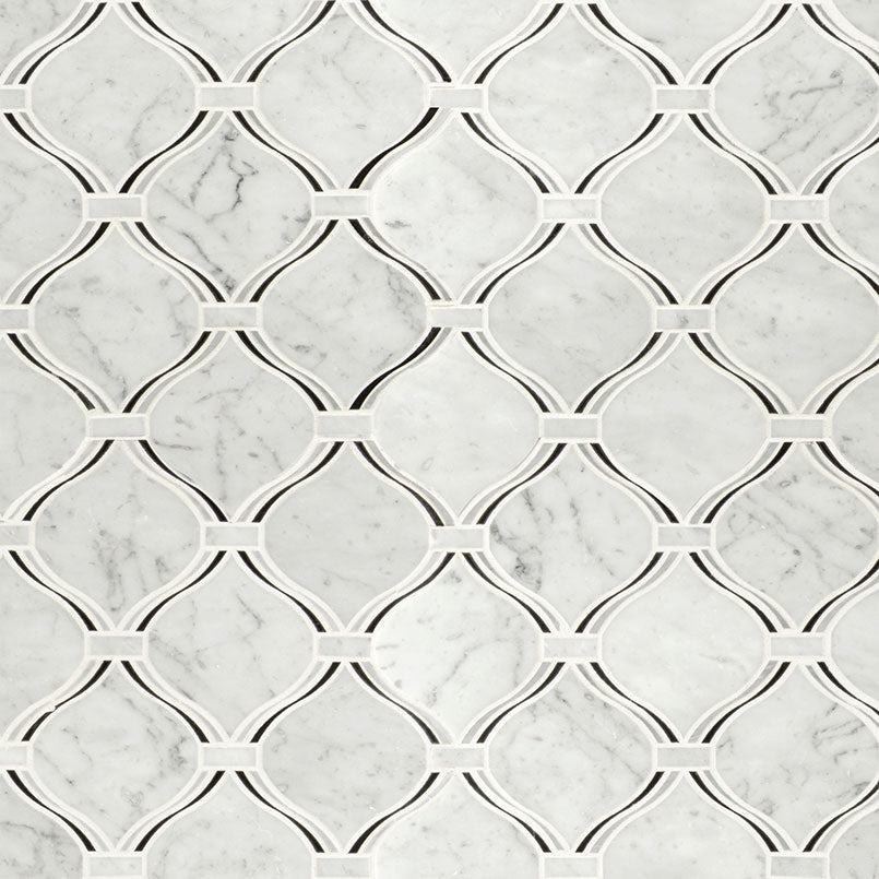 12x12 Danza Arabesque Mosaic Natural-Look Polished Smooth Marble Tile White Black