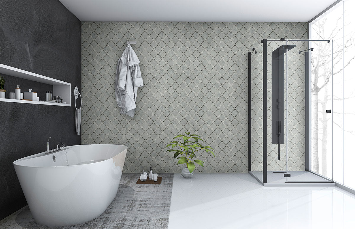 12x12 Danza Arabesque Mosaic Natural-Look Polished Smooth Marble Tile White Black