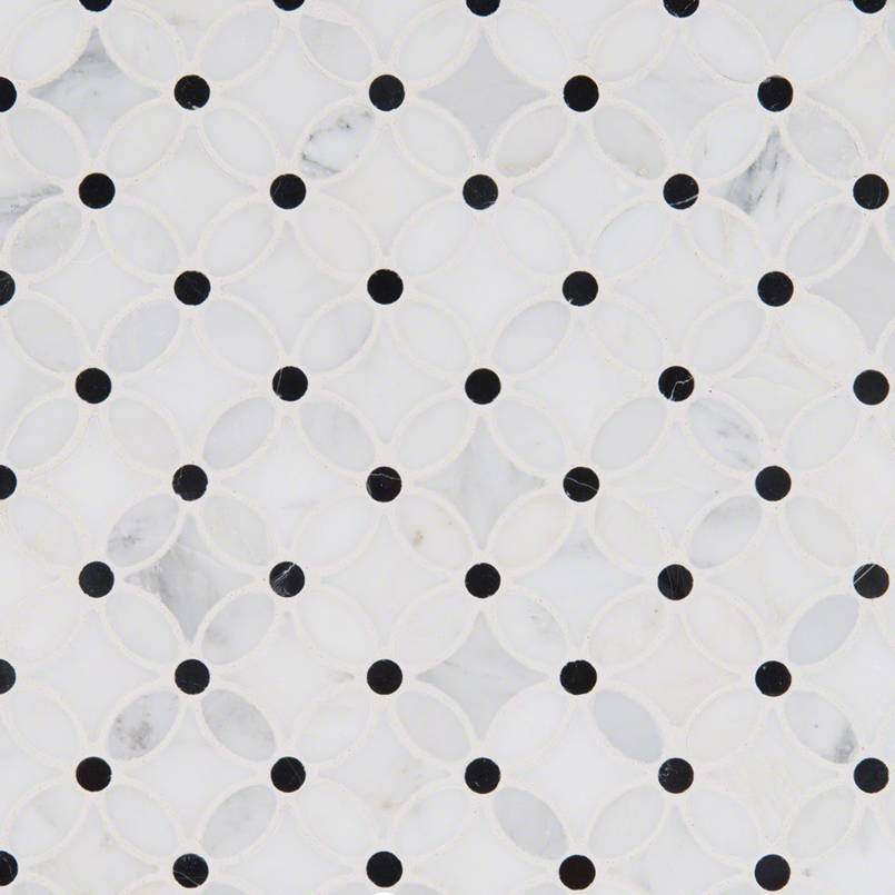 12x12 Florita Petal Floral Circle Mosaic Natural-Look Polished Smooth Marble Tile White Black