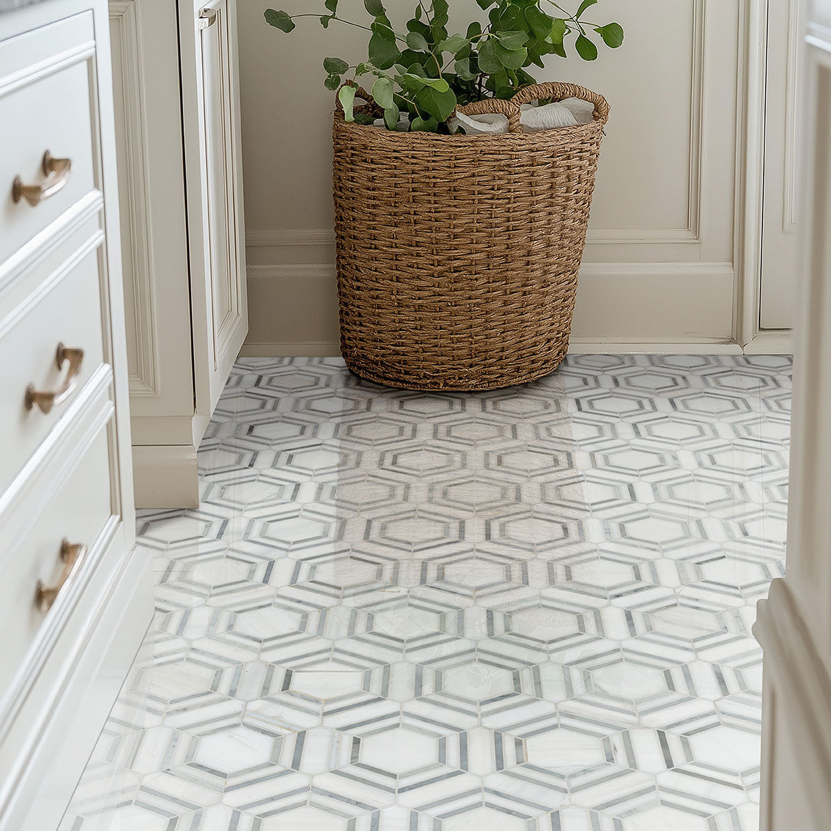 12x12 Georama Hexagon Framed Border Mosaic Natural-Look Polished Smooth Marble Tile White Gray