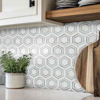 White Gray - 12x12 Georama Hexagon Framed Border Mosaic Natural-Look Polished Smooth Marble Tile