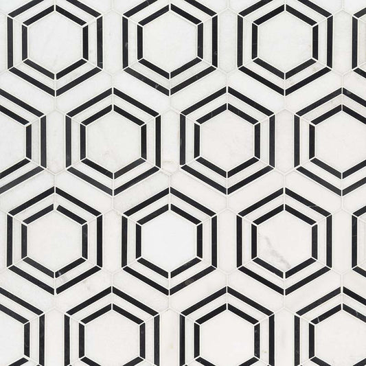 12x12 Georama Hexagon Framed Border Mosaic Natural-Look Polished Smooth Marble Tile White Black