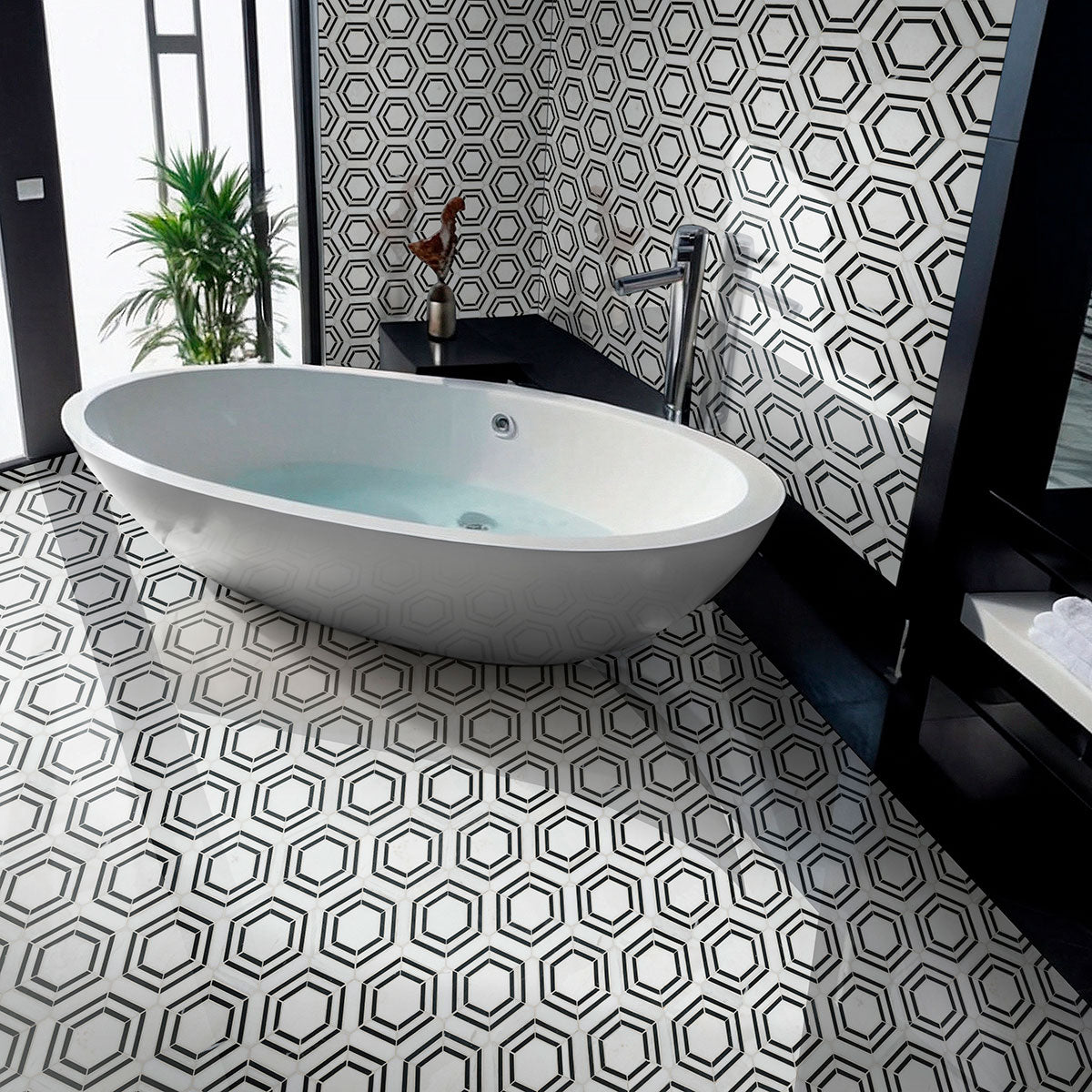 12x12 Georama Hexagon Framed Border Mosaic Natural-Look Polished Smooth Marble Tile White Black