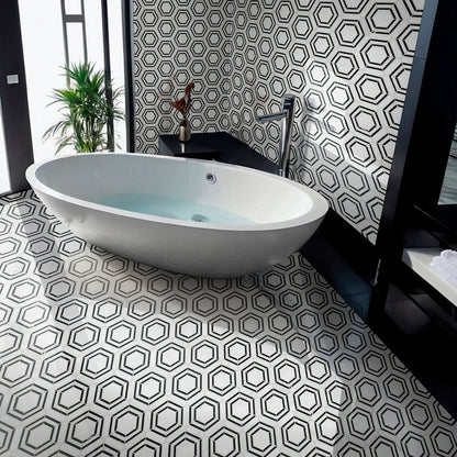 12x12 Georama Hexagon Framed Border Mosaic Natural-Look Polished Smooth Marble Tile White Black
