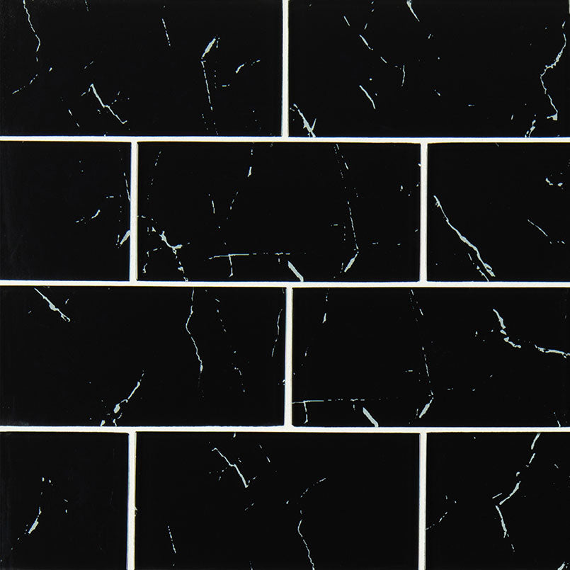 3X6 Nero Patterned Marble-Look Matte Smooth Glass Tile Black White