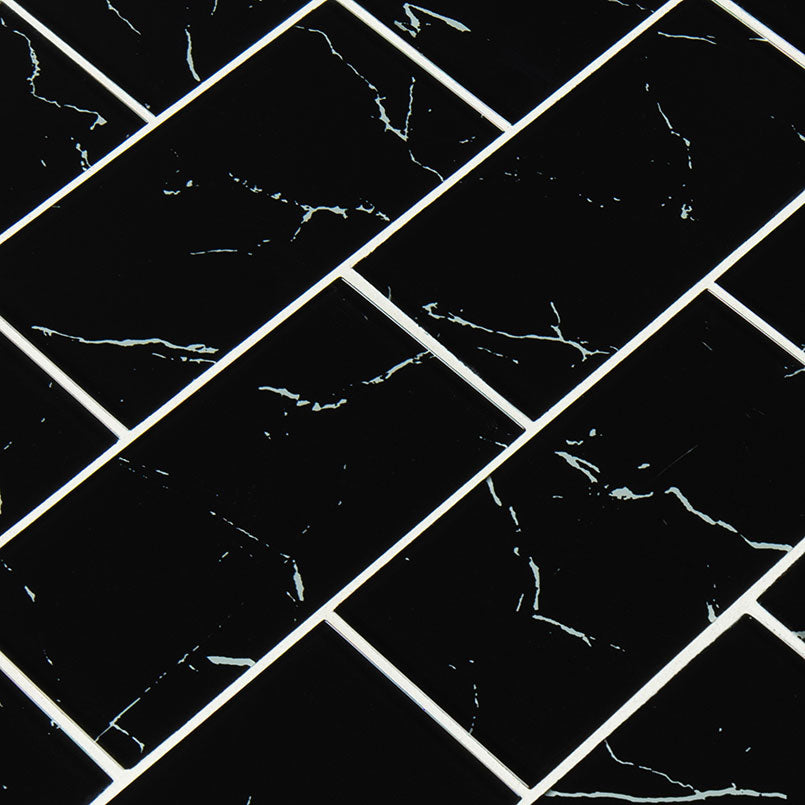 3X6 Nero Patterned Marble-Look Matte Smooth Glass Tile Black White