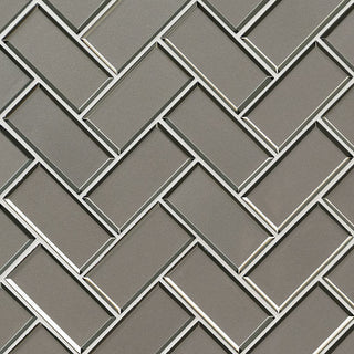 12x12 Champagne Herringbone Mosaic Solid-Color Glossy Beveled Glass Tile