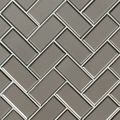12x12 Champagne Herringbone Mosaic Solid-Color Glossy Beveled Glass Tile Taupe Gray