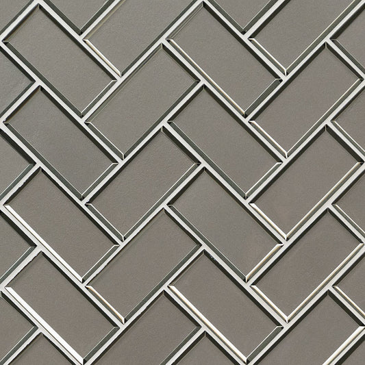 12x12 Champagne Herringbone Mosaic Solid-Color Glossy Beveled Glass Tile Taupe Gray