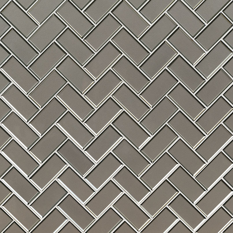 12x12 Champagne Herringbone Mosaic Solid-Color Glossy Beveled Glass Tile Taupe Gray