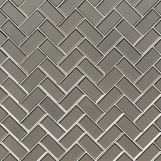 12x12 Champagne Herringbone Mosaic Solid-Color Glossy Beveled Glass Tile
