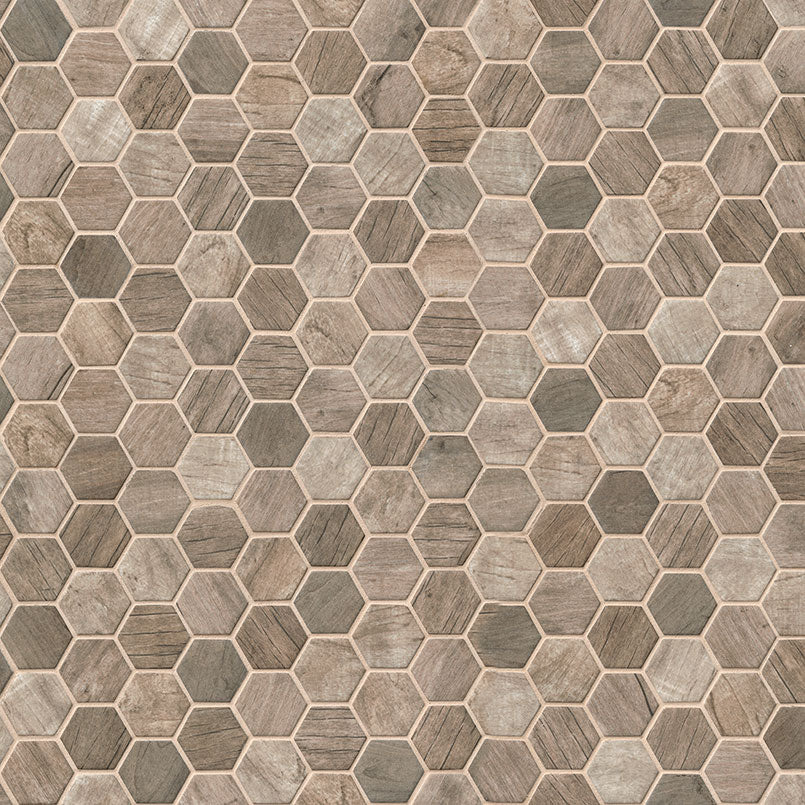 2'' Driftwood Hexagon Mosaic Wood-Look Matte Smooth Glass Tile Gray Brown