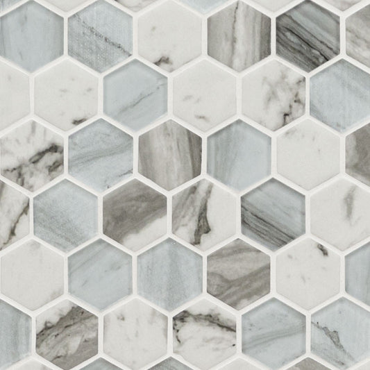 2'' Esperanza Hexagon Mosaic Marble-Look Matte Smooth Glass Tile Blue Gray