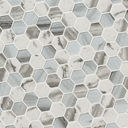 2'' Esperanza Hexagon Mosaic Marble-Look Matte Smooth Glass Tile Blue Gray