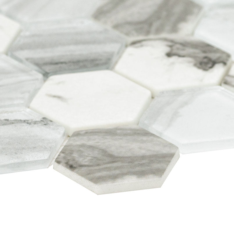 2'' Esperanza Hexagon Mosaic Marble-Look Matte Smooth Glass Tile Blue Gray