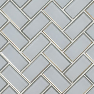 12x12 Ice Herringbone Mosaic Solid-Color Glossy Beveled Glass Tile
