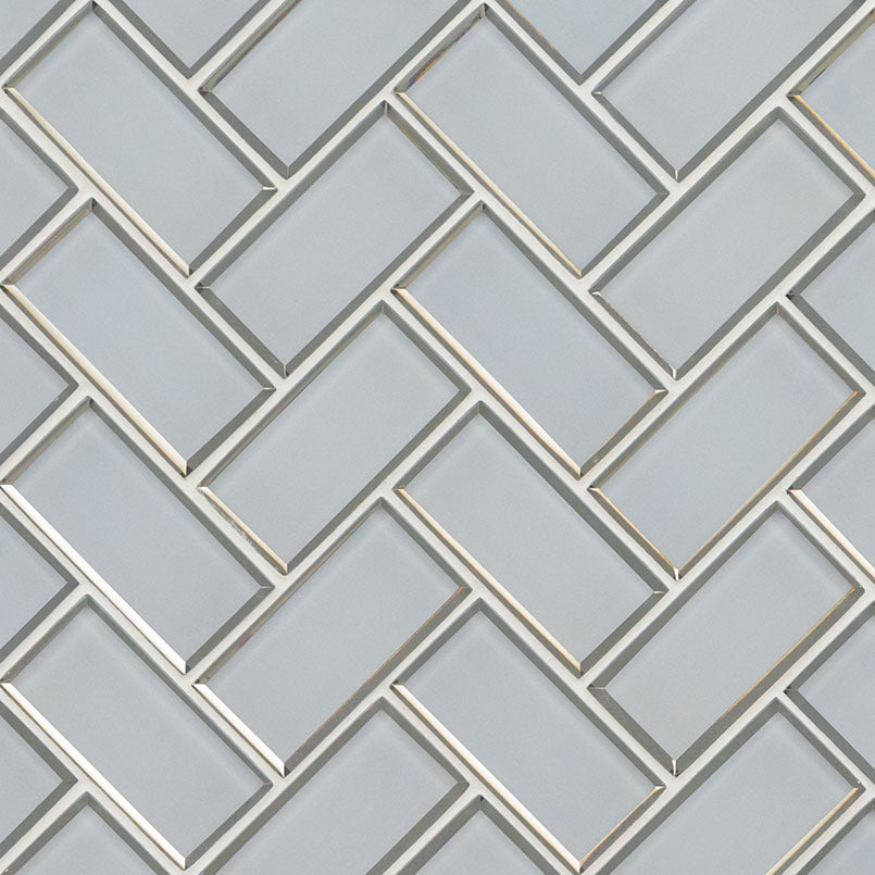 12x12 Ice Herringbone Mosaic Solid-Color Glossy Beveled Glass Tile Light Gray
