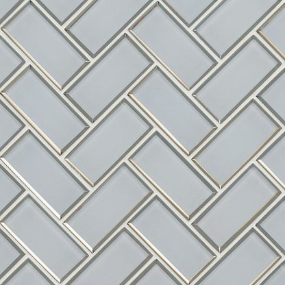 12x12 Ice Herringbone Mosaic Solid-Color Glossy Beveled Glass Tile Light Gray