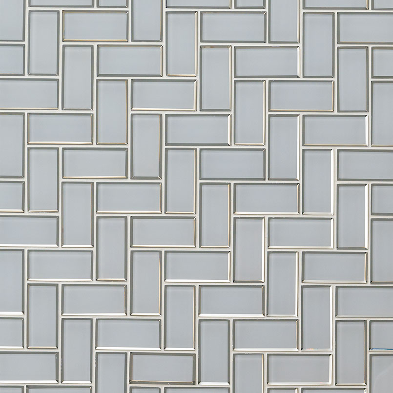 12x12 Ice Herringbone Mosaic Solid-Color Glossy Beveled Glass Tile Light Gray