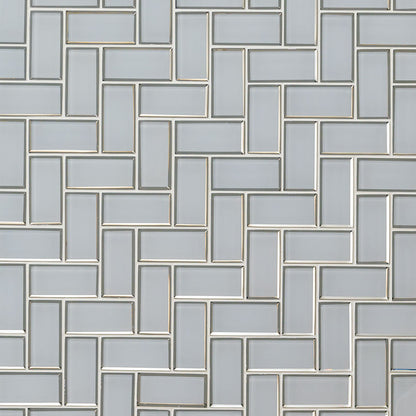 12x12 Ice Herringbone Mosaic Solid-Color Glossy Beveled Glass Tile Light Gray