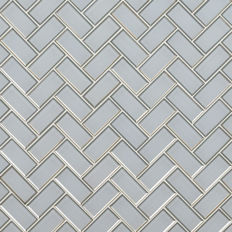 12x12 Ice Herringbone Mosaic Solid-Color Glossy Beveled Glass Tile Light Gray