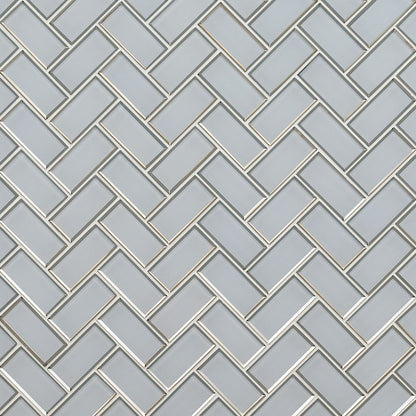 12x12 Ice Herringbone Mosaic Solid-Color Glossy Beveled Glass Tile Light Gray