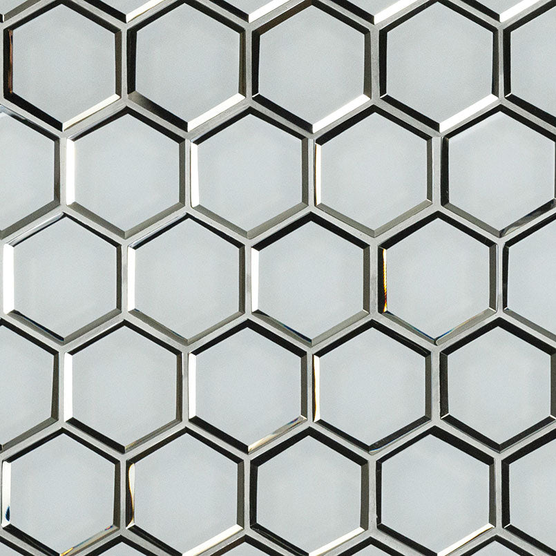 12x12 Ice Hexagon Mosaic Solid-Color Glossy Beveled Glass Tile Silver Gray