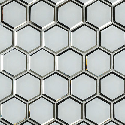 12x12 Ice Hexagon Mosaic Solid-Color Glossy Beveled Glass Tile Silver Gray