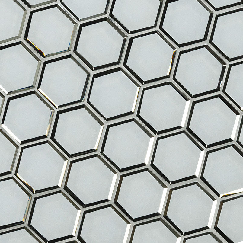 12x12 Ice Hexagon Mosaic Solid-Color Glossy Beveled Glass Tile Silver Gray