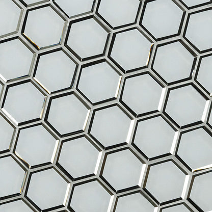 12x12 Ice Hexagon Mosaic Solid-Color Glossy Beveled Glass Tile Silver Gray