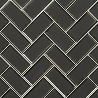 2x4 Metallic Herringbone Mosaic Metallic-Look Glossy Beveled Glass Tile