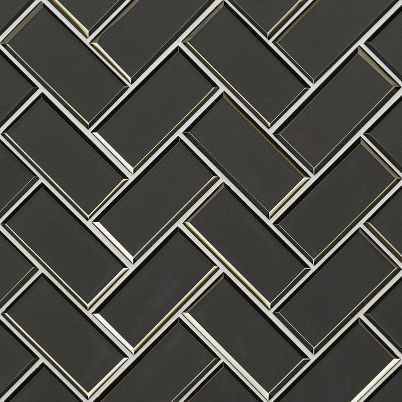 2x4 Metallic Herringbone Mosaic Metallic-Look Glossy Beveled Glass Tile Dark Gray